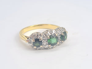 5925: Vintage & Old 18ct Gold Green Tourmalines Trilogy 18 Diamonds Dress Ring- lovely, classic combination- nice weight