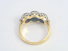 Load image into Gallery viewer, 5925: Vintage &amp; Old 18ct Gold Green Tourmalines Trilogy 18 Diamonds Dress Ring- lovely, classic combination- nice weight
