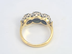 5925: Vintage & Old 18ct Gold Green Tourmalines Trilogy 18 Diamonds Dress Ring- lovely, classic combination- nice weight