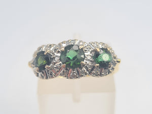 5925: Vintage & Old 18ct Gold Green Tourmalines Trilogy 18 Diamonds Dress Ring- lovely, classic combination- nice weight