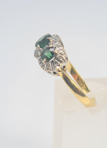 5925: Vintage & Old 18ct Gold Green Tourmalines Trilogy 18 Diamonds Dress Ring- lovely, classic combination- nice weight