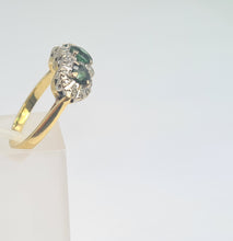 Load image into Gallery viewer, 5925: Vintage &amp; Old 18ct Gold Green Tourmalines Trilogy 18 Diamonds Dress Ring- lovely, classic combination- nice weight
