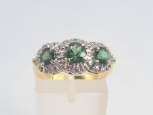 Load image into Gallery viewer, 5925: Vintage &amp; Old 18ct Gold Green Tourmalines Trilogy 18 Diamonds Dress Ring- lovely, classic combination- nice weight
