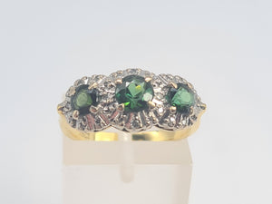 5925: Vintage & Old 18ct Gold Green Tourmalines Trilogy 18 Diamonds Dress Ring- lovely, classic combination- nice weight