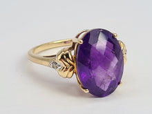 Load image into Gallery viewer, 5929: Vintage; 9ct Gold Large Rich Purple Amethyst Diamonds Dress ring- lovely combination
