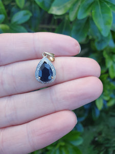 5854:  Vintage: 9c Gold Pear Shaped Blue Sapphire Diamonds Pendant- fabulous