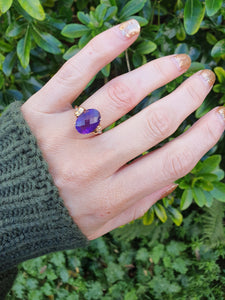 5929: Vintage; 9ct Gold Large Rich Purple Amethyst Diamonds Dress ring- lovely combination