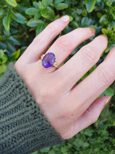 5929: Vintage; 9ct Gold Large Rich Purple Amethyst Diamonds Dress ring- lovely combination