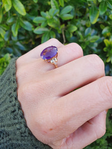 5929: Vintage; 9ct Gold Large Rich Purple Amethyst Diamonds Dress ring- lovely combination