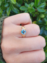 Load image into Gallery viewer, 5919: Vintage; 9ct Gold Swiss Blue Topaz Brilliant Cut Diamonds Cocktail Ring- sparkling beauty
