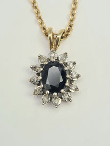 5958: Vintage: 9ct Gold Necklace (45cm) & Blue Sapphires 12 Brilliant Cut Diamonds Pendant- perfectly matched-