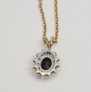 5958: Vintage: 9ct Gold Necklace (45cm) & Blue Sapphires 12 Brilliant Cut Diamonds Pendant- perfectly matched-