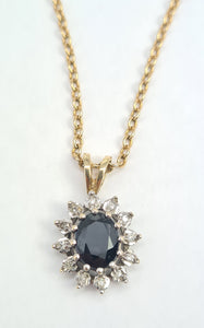 5958: Vintage: 9ct Gold Necklace (45cm) & Blue Sapphires 12 Brilliant Cut Diamonds Pendant- perfectly matched-