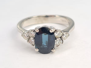 0103: Vintage & Rare: 18ct White Gold Teal Sapphire(1.85ct) Diamonds (0.5ct) Trefoil Set Ring