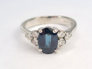 0103: Vintage & Rare: 18ct White Gold Teal Sapphire(1.85ct) Diamonds (0.5ct) Trefoil Set Ring