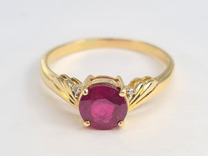 5988:  Vintage: 9ct Gold Round Cut Ruby Brilliant Cut Diamonds Dress Ring- classic combination and design