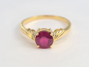 5988:  Vintage: 9ct Gold Round Cut Ruby Brilliant Cut Diamonds Dress Ring- classic combination and design