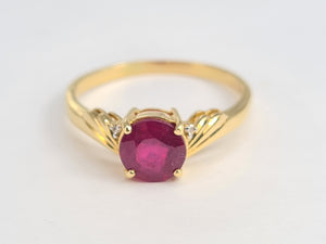 5988:  Vintage: 9ct Gold Round Cut Ruby Brilliant Cut Diamonds Dress Ring- classic combination and design