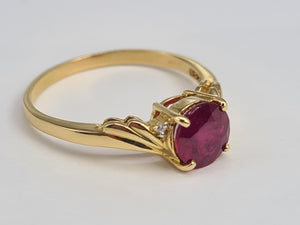 5988:  Vintage: 9ct Gold Round Cut Ruby Brilliant Cut Diamonds Dress Ring- classic combination and design