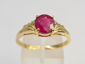 5988:  Vintage: 9ct Gold Round Cut Ruby Brilliant Cut Diamonds Dress Ring- classic combination and design