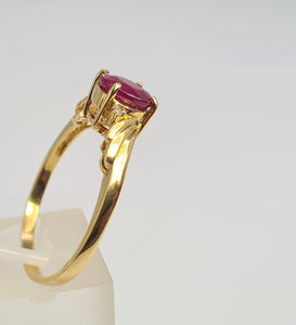 5988:  Vintage: 9ct Gold Round Cut Ruby Brilliant Cut Diamonds Dress Ring- classic combination and design