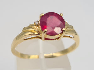 5988:  Vintage: 9ct Gold Round Cut Ruby Brilliant Cut Diamonds Dress Ring- classic combination and design