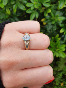 5972:  Vintage: 9ct Gold Swiss Blue Topaz Diamonds Dress Ring- simply sparkling beauty