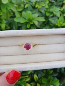 5988:  Vintage: 9ct Gold Round Cut Ruby Brilliant Cut Diamonds Dress Ring- classic combination and design