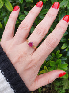 5988:  Vintage: 9ct Gold Round Cut Ruby Brilliant Cut Diamonds Dress Ring- classic combination and design