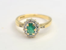 Load image into Gallery viewer, 7007:Vintage: 18ct Gold Oval Emerald 14 Brilliant Cut Diamonds Cluster Ring- lovely quality, hallmarked in London
