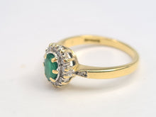 Load image into Gallery viewer, 7007:Vintage: 18ct Gold Oval Emerald 14 Brilliant Cut Diamonds Cluster Ring- lovely quality, hallmarked in London
