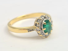 Load image into Gallery viewer, 7007:Vintage: 18ct Gold Oval Emerald 14 Brilliant Cut Diamonds Cluster Ring- lovely quality, hallmarked in London
