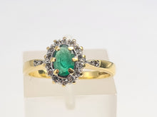 Load image into Gallery viewer, 7007:Vintage: 18ct Gold Oval Emerald 14 Brilliant Cut Diamonds Cluster Ring- lovely quality, hallmarked in London
