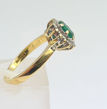 Load image into Gallery viewer, 7007:Vintage: 18ct Gold Oval Emerald 14 Brilliant Cut Diamonds Cluster Ring- lovely quality, hallmarked in London
