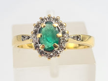 Load image into Gallery viewer, 7007:Vintage: 18ct Gold Oval Emerald 14 Brilliant Cut Diamonds Cluster Ring- lovely quality, hallmarked in London
