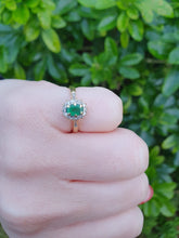 Load image into Gallery viewer, 7007:Vintage: 18ct Gold Oval Emerald 14 Brilliant Cut Diamonds Cluster Ring- lovely quality, hallmarked in London
