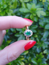 Load image into Gallery viewer, 7007:Vintage: 18ct Gold Oval Emerald 14 Brilliant Cut Diamonds Cluster Ring- lovely quality, hallmarked in London
