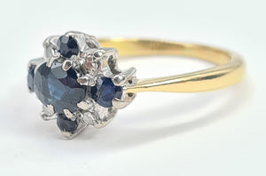 7024:  Vintage: 18ct Gold French Blue Sapphires Brilliant Cut Diamonds Cluster Ring- elegant sophistication