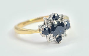 7024:  Vintage: 18ct Gold French Blue Sapphires Brilliant Cut Diamonds Cluster Ring- elegant sophistication