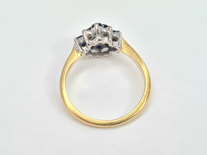 7024:  Vintage: 18ct Gold French Blue Sapphires Brilliant Cut Diamonds Cluster Ring- elegant sophistication