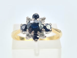 7024:  Vintage: 18ct Gold French Blue Sapphires Brilliant Cut Diamonds Cluster Ring- elegant sophistication