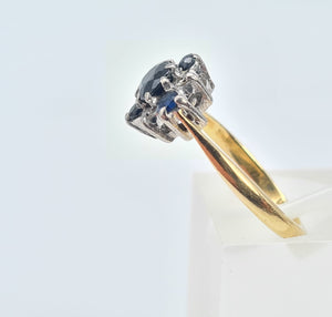 7024:  Vintage: 18ct Gold French Blue Sapphires Brilliant Cut Diamonds Cluster Ring- elegant sophistication