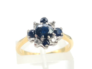 7024:  Vintage: 18ct Gold French Blue Sapphires Brilliant Cut Diamonds Cluster Ring- elegant sophistication