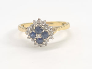 7039:  Vintage: 18ct Gold Blue Sapphires 17 Diamonds Geometric Set Clutter Ring- lovely symmetry