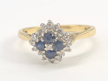 Cargar imagen en el visor de la galería, 7039:  Vintage: 18ct Gold Blue Sapphires 17 Diamonds Geometric Set Clutter Ring- lovely symmetry
