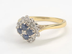 7039:  Vintage: 18ct Gold Blue Sapphires 17 Diamonds Geometric Set Clutter Ring- lovely symmetry