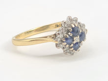 Cargar imagen en el visor de la galería, 7039:  Vintage: 18ct Gold Blue Sapphires 17 Diamonds Geometric Set Clutter Ring- lovely symmetry
