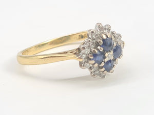 7039:  Vintage: 18ct Gold Blue Sapphires 17 Diamonds Geometric Set Clutter Ring- lovely symmetry