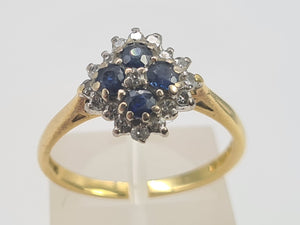 7039:  Vintage: 18ct Gold Blue Sapphires 17 Diamonds Geometric Set Clutter Ring- lovely symmetry