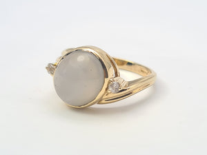 7060: Vintage: 9ct Gold Large White Moonstone Sapphire Accents Cocktail Ring- lovely colours